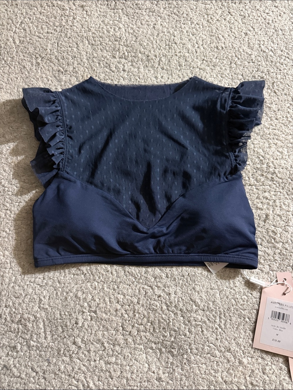 Avec Les Filles Navy Ruffle Cropped Bikini Top Medium New
